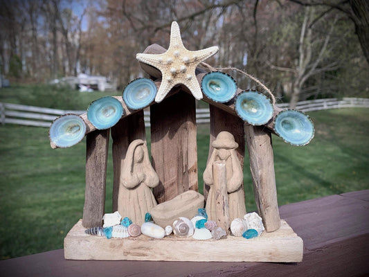 Driftwood Nativity with Starfish and Blue Limpets