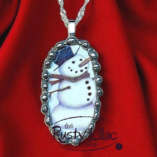 Snowman Pendant Necklace: Upcycled China, Sterling Silver Chain