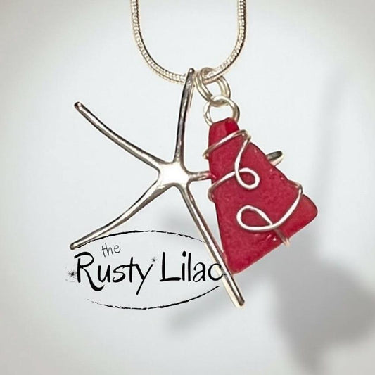 Red Sea Glass Necklace: Sterling Starfish Pendant, Wire Wrapped Jewelry