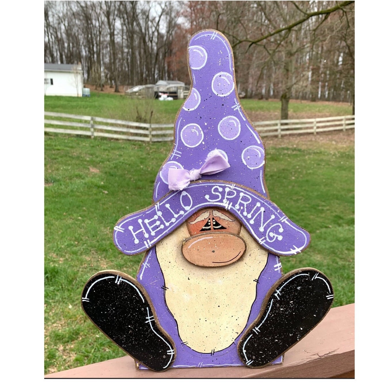 Personalized Spring Gnome Sitter: Hand Cut Wooden Decor (17")