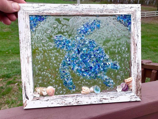 Sea Turtle Crushed Glass Art: Coastal Window Decor