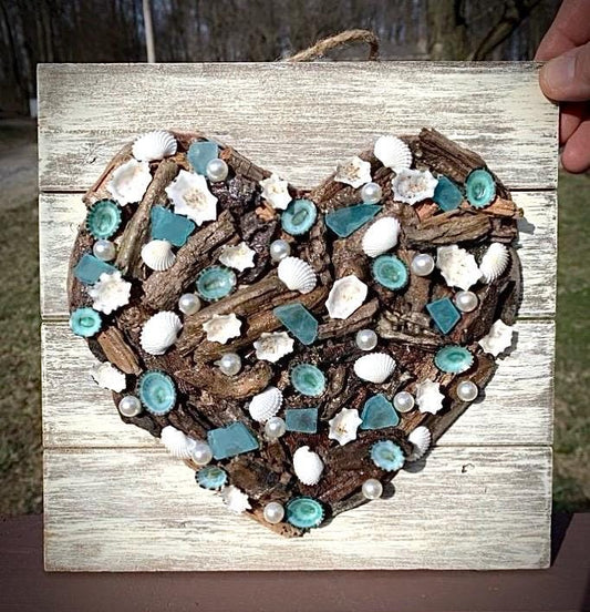 Driftwood Heart Wall Decor: Seashells, Pearls, Glass - Outer Banks Rustic Art