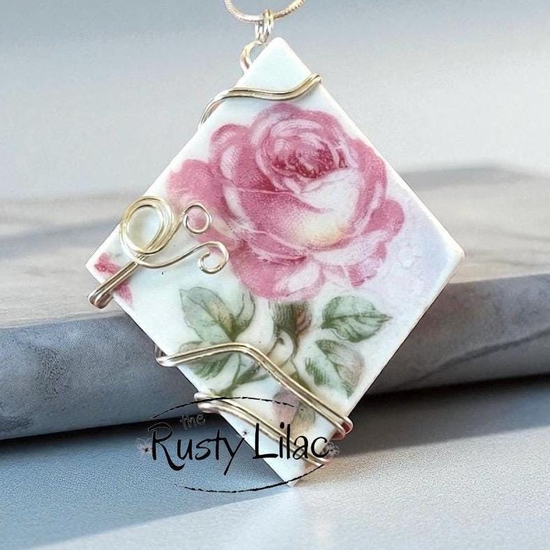 Vintage Pottery Necklace, Gifts for Her, Floral Roses, Outer Banks, Wire Wrapped Pendant, Summer Aesthetic