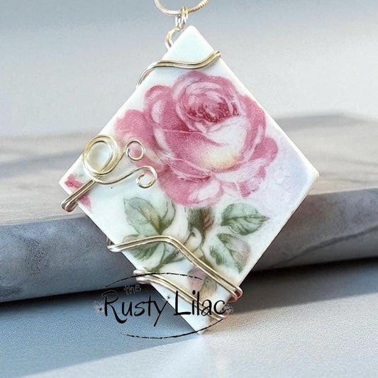 Vintage Pottery Necklace, Gifts for Her, Floral Roses, Outer Banks, Wire Wrapped Pendant, Summer Aesthetic