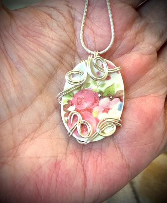 Vintage China Pendant Necklace: Floral Roses, Sterling Silver Wire Wrapped