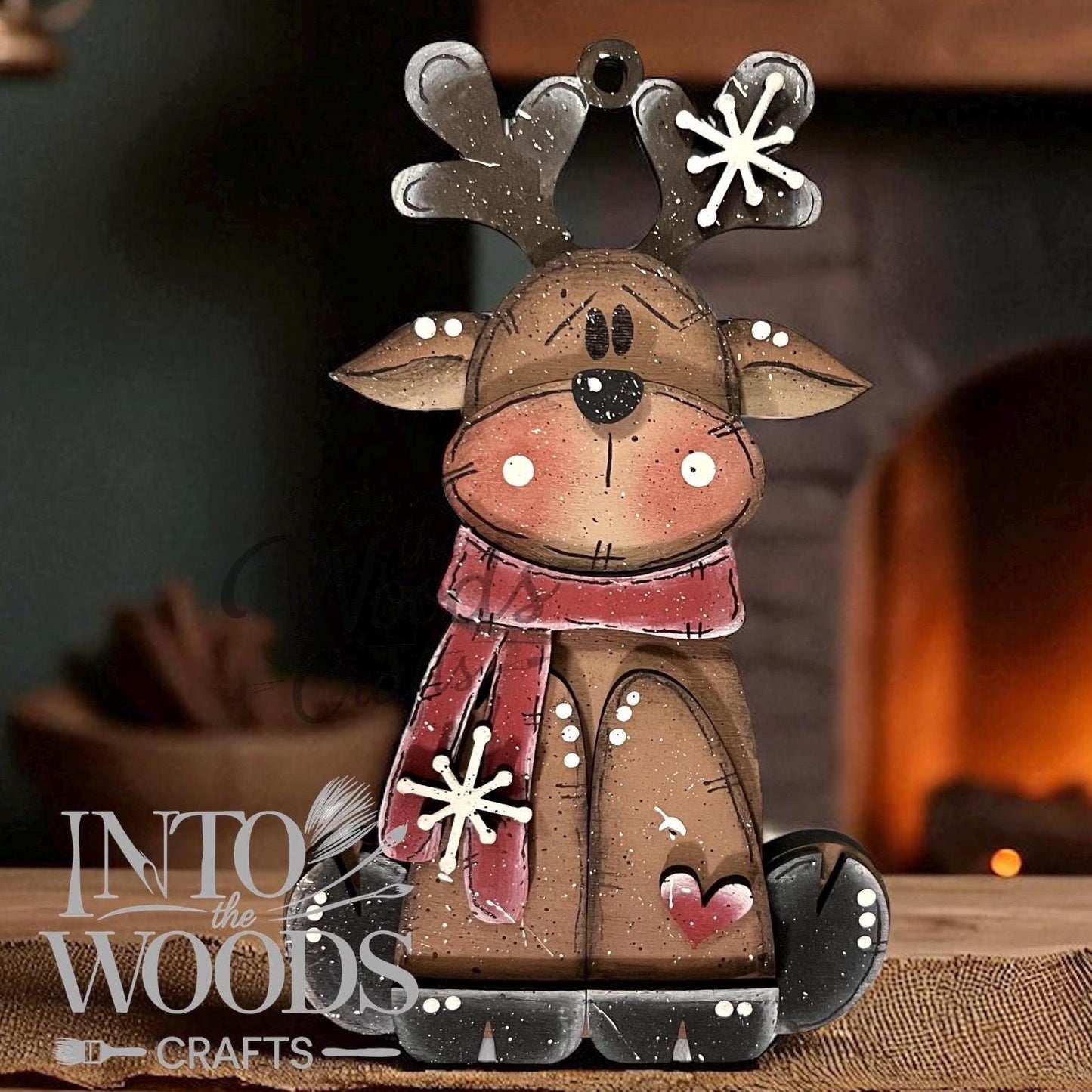 Personalized Wooden Reindeer Shelf Sitter: Hand-Painted Winter Decor